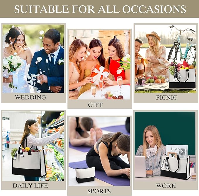Sanwuta 10 Set Canvas Tote Bag with Inner Zipper Pockets and Makeup Bag Bulk Christmas Birthday Teacher Appreciation Gifts for Women Bridesmaid Mother