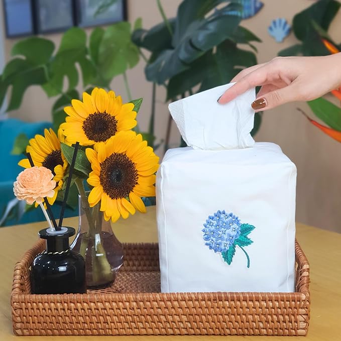 Fabric Tissue Box Cover Set of 2, Vintage Floral Embroidery Hydrangea Tissue Holder, Bouquet Wrapping Bag, Car Tissue Holder, Tissues Box Cover Square 5.9"X5.9"X7", White Square Tissue Box Cover