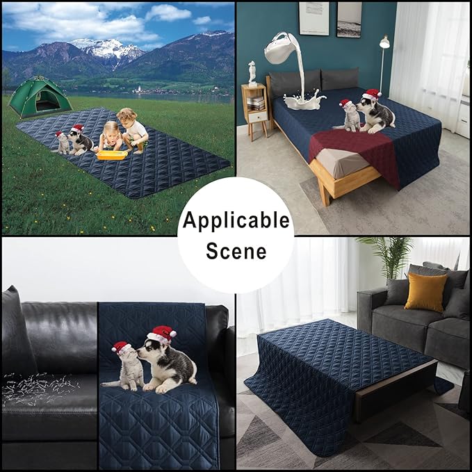 Topthumbs 100% Waterproof Dog Bed Cover 120x82 inch Reversible Changing Pad Reusable Camping Mat for Kids/Pet/Dog/Cat Washable Geometric Embroidery Blanket Patchwork Navy+Burgundy