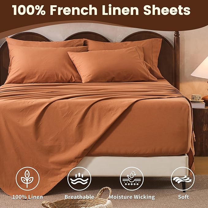 100% Linen Sheet Set Queen Size Extra Deep Pocket Fits 18-24 Inch Mattress, Breathable & Soft, Smooth 4-Piece Set for Thick Mattresses Hotel Luxury Bedding（Queen, Brown）