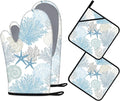 Coastal Oven Mitts and Pot Holders Sets of 4 Nautical Kitchen Decor Starfish Seashell Beach Ocean Themed Kitchen Mitts Potholders Silicone Heat Resistant Oven Gloves Hot Pads for Baking BBQ Grilling