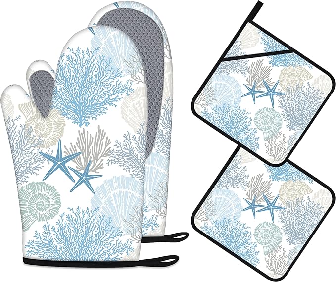 Coastal Oven Mitts and Pot Holders Sets of 4 Nautical Kitchen Decor Starfish Seashell Beach Ocean Themed Kitchen Mitts Potholders Silicone Heat Resistant Oven Gloves Hot Pads for Baking BBQ Grilling