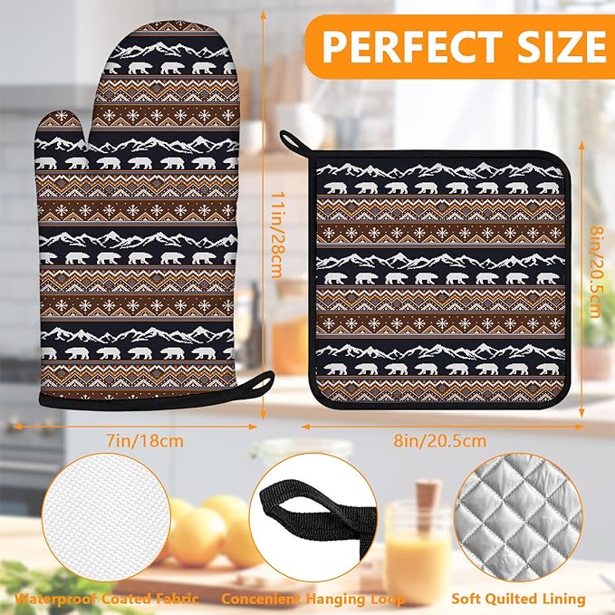 Vintage Rustic Bear Oven Mitts and Pot Holders Sets 4Pcs,Extra Long Oven Gloves Potholder for Kitchen Cooking Baking BBQ 100% Cotton Heat Resistant