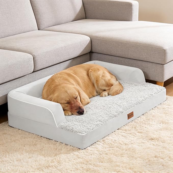 Casa Paw Orthopedic Dog Beds for Extra Large Dogs, Waterproof Egg Crate Foam XL Dog Bed with Sides 45x35Inch, Big Dogs Couch Beds with Removable Washable Cover and Nonskid Bottom, Grey White