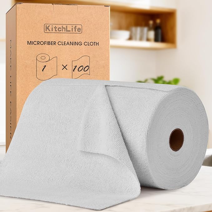 KitchLife Microfiber Cleaning Cloth Roll, 100 Pack - Tear-Away Microfiber Paper Towels, Lint-Free, Reusable, Washable for Kitchen, Car, Dishes, and Sensitive Surfaces (Light Gray)