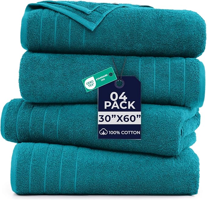 DAN River Extra Large Bath Towels Set of 4, 30 x 60 Inches - 100% Cotton Larger & Lighter Weight Towels for Bathroom - Quicker to Dry, Super Soft & Highly Absorbent Towels for Home, Teal