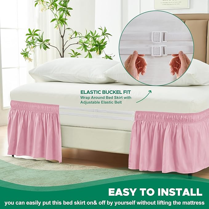 Biscaynebay Wrap Around Bed Skirts for Twin & Twin XL Beds 15" Drop, Pink Adjustable Elastic Dust Ruffles Easy Fit Wrinkle & Fade Resistant Silky Luxurious Fabric Machine Washable