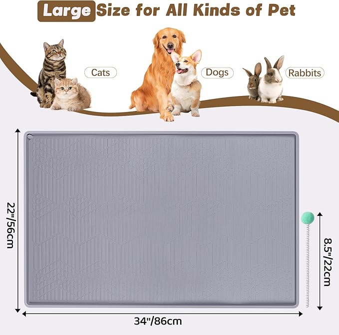Bartuke Cat Food Mat with Toy Ball, 34'' x 22'' Extra Large Silicone Pet Feeding Mat with Raised Edge Pet Placemat for Food and Water Bowl Non-Slip, Easy to Clean, Floor Protection (Grey)