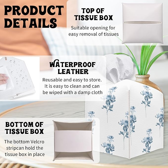 Blue Flowers Square Tissue Box Holder Cover, Floral Tissue Cube Box Organizer for Bathroom, Living Room, Office, Countertop, Car, Night Stands, Modern Home Desk Tabletop Decor - A07