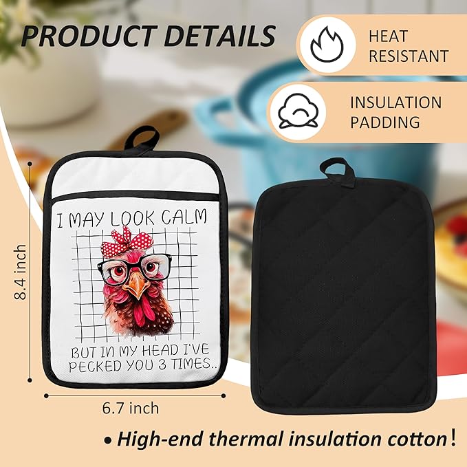 Funny Chicken Pot Holders for Kitchen, Chicken Lover Mom Lady Gifts, I May Look Calm Humorous Rooster Hen Heat Resistant Hot Pads and Oven Mitts for Baking Cooking