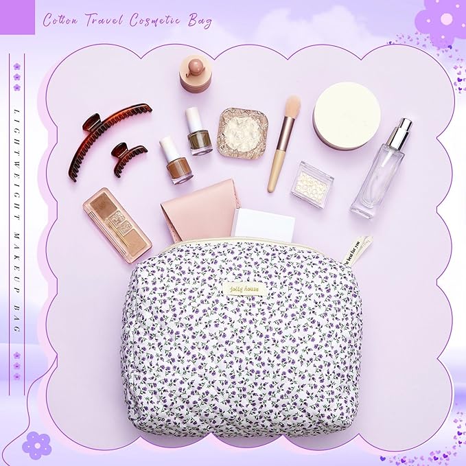 Zeyune 3 Pcs Makeup Bag Quilted Cosmetic Bags Large Floral Makeup Bag Set for Women Cotton Flower Travel Toiletry Storage Cute with Zipper for Women Mom Birthday Gift Home Bathroom(Flower)