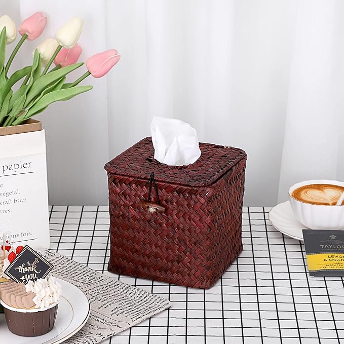 Sumnacon Tissue Box Cover Square Seagrass Tissue Box with Lid, Woven Tissue Box Holder Rustic Cube Tissue Cover for Bathroom Toilet Bedroom Living Room Kitchen Table Desk Office Car, Red Brown