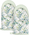 Slohif Sage Green Mini Oven Mitts Set – Flower Extended Short Heat Resistant Kitchen Gloves for Women, 100% Cotton Oven Mitts with Silicone Grips, Non-Slip and Thick Durable for Cooking & Baking
