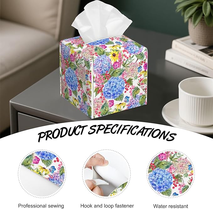 Summer Blooming Floral Tissue Box Cover,Hydrangea PU Leather Tissue Box Holder Square,Modern Home Decoration for Bathroom Living Room Kitchen Office Car,5.2"×5.2"×5.2"
