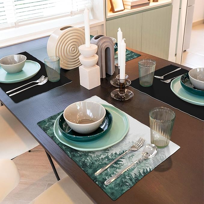Forest Placemats, Vintage Rustic Watercolour Natural Green Misty Valley Forest Print Washable Fabric Placemats Table Kitchen Dining Party 12x18 Inch Set of 4