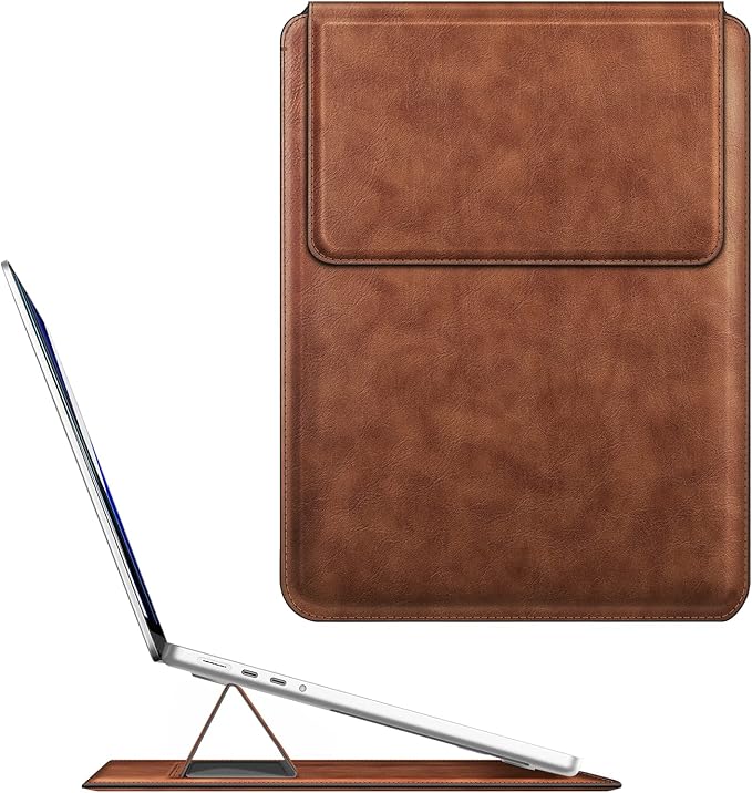 Fintie Sleeve Case for MacBook Air 13.6 A3240 A3113 A2681, Pro 14 A3434 A3401 A3185 A3112 A2992 A2918 A2779 A2442, MacBook Pro/Air 13 - PU Leather Slim Bag Cover with Stand Feature, Brown