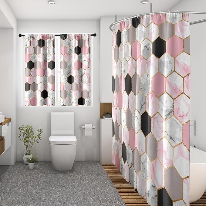 Culudea Geometric Gold Pink Shower Curtain Set, Gray Marble Vintage Bathroom Window Waterproof Shower Curtain Set for Bathroom Decor