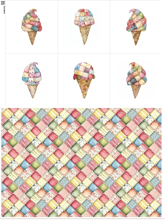 Patchwork Ice Cream Cotton Fabric Panel – 6 Designs (10×10 inch Each) + Bonus Sheet 29.5×19.6 inch, 100% Cotton 140 GSM, Made in Türkiye
