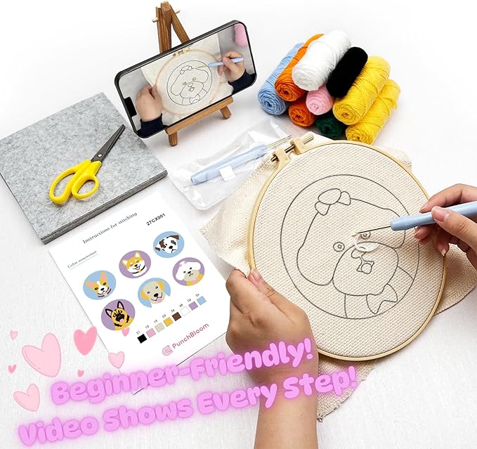 Punch Needle Coaster Kit for Adults Beginners, Easy Punch Embroidery Starter Set with Instructions – Fun Mug Rug Making Kit for Table Decor & Festival DIY Gifts (6pcs Cute Dogs)