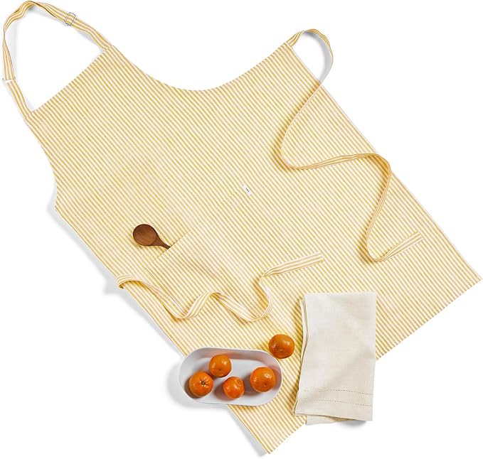 Solino Home 100% Pure Linen Apron for Women & Men - Full Midi Bib Apron Adjustable Neck Strap with Center Pockets for Kitchen
