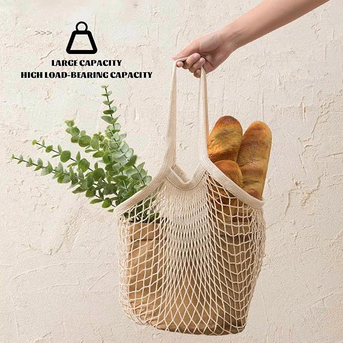 Zyzhogar 3 Pack Cotton Mesh Grocery Bags,Reusable Grocery Net Bags Washable Fruit and Vegetable Storage Bag Long Handle Net Tote Shopping Bags for Farmers Market, Grocery,Shoping or Trip,Beige