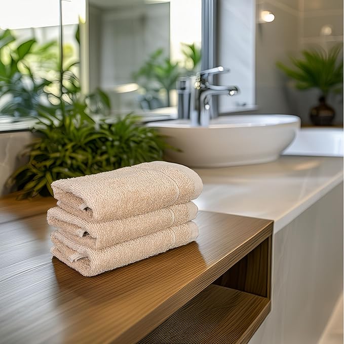 Tens Towels Pack of 12 Washcloths, 12 x 12 Inches, Lighter Weight, Quick to Dry, Super Soft & Absorbent, Gentle Face Towels, Hotel Quality, Perfect for Bathroom, Gym, Spa (Beige, 12 Pack)