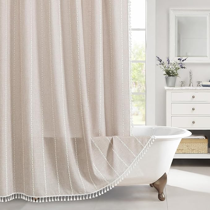 MitoVilla Boho Long Shower Curtain 72 x 78, Farmhouse 78 inch Long Polyester Linen Fabric Shower Curtains with Tassel for Chic Cottagecore French Rustic Bathroom Decor, Tan Brown