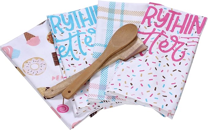 ACCENTHOME Kitchen Towels Set of 4 Super Absorbent Durable Towels Perfect for Kitchen Mess & Drying Dishes 50x70 cm Stripe & Check Pattern Sweet Dessert Print