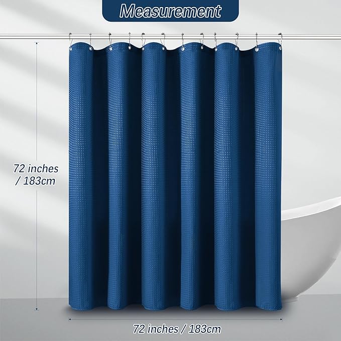 PANGSINNE Classic Blue Shower Curtain 256GSM Heavy Duty Waffle Woven Bathroom Shower Curtains, Weighted Fabric Shower Curtains for Hotel Spa Luxury Polyester Bath Curtain with 12 Hooks, 72Wx72H