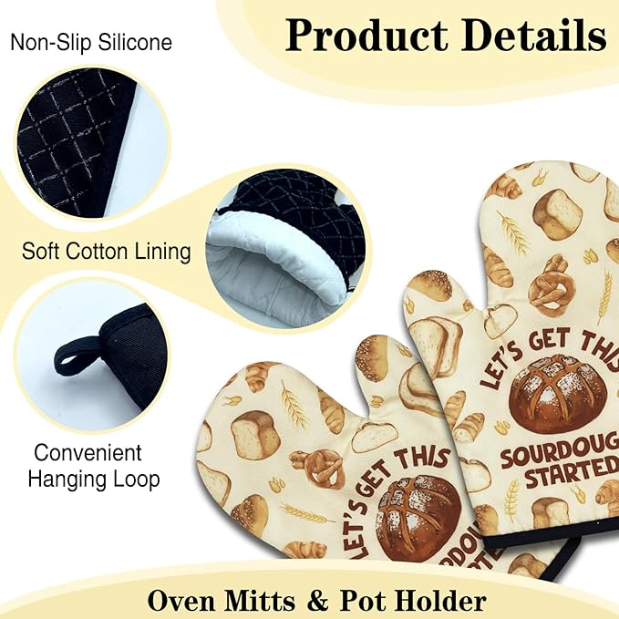 Funny Oven Mitts and Pot Holders Set of 3, Let's Get This Sourdough Started, Heat Resistant Non-Slip Kitchen Mitts Hot Pads, Sourdough Baker Gifts, Housewarming Gifts for Chef Bake Lovers