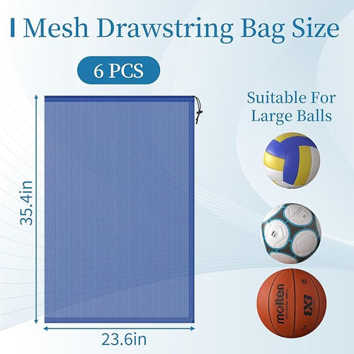 6PCS Blue Mesh Bag Drawstring, 23 x 35 Inch Net Bag with Lock, Multipurpose Storage Bags for Gym, Laundry, Balls, Beach and Toys