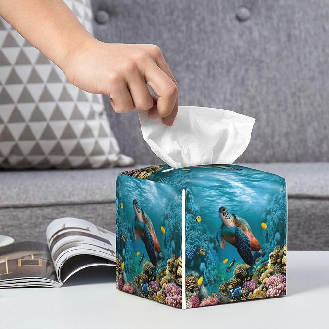 POIUBLE Leather Tissue Box Holder Sea Turtle Tissue Box Cover Square Waterproof Tissue Holder Organizer Modern Napkin Holder for Bedroom Dresser Night Stand Office Desk