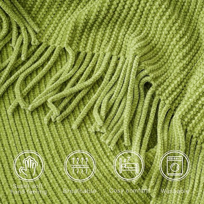 BATTILO HOME Apple Green Throw Blanket for Couch, Soft Chenille Knit Throws with Tassels for Home Decor, Spring Green Throws for Couch Cover, 50"x60"