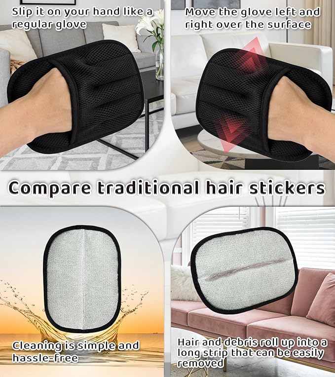LUCKYOPERA Upgraded 5-Finger Pet Hair Removal Gloves for Cats & Dogs, Reusable Electrostatic Magic Brush for Carpet, Couch, Car Seat, Clothing, Gentle Grooming and Hair Remover Tool (Black)