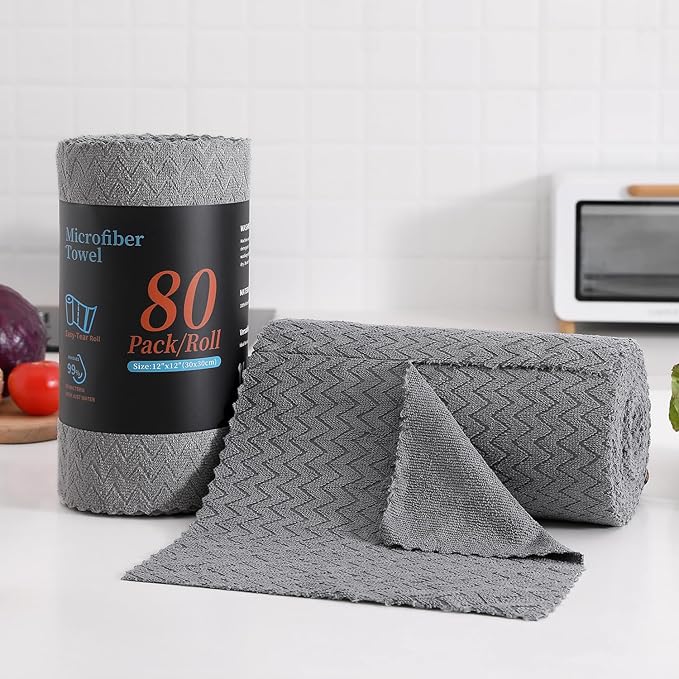 Tigona 80 Pack Microfiber Cleaning Cloth Roll Reusable Paper Towels 12"x12" Tear Away Cloth,Absorbent Dish Rags for House Kitchen,Wash Cloths,Lint Free Rags for Window Cars Cleaning Supplies