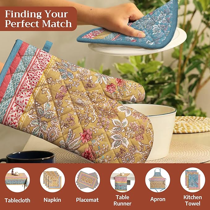 Maison d' Hermine Pot Holders Set 100% Cotton Heat Resistant Potholders 8" x 8" Hot Pads with Loop BBQ, Cooking, Baking, Grilling, Kitchen, Handling Hot Pans Spring/Summer (Pack of 2, Marquise)