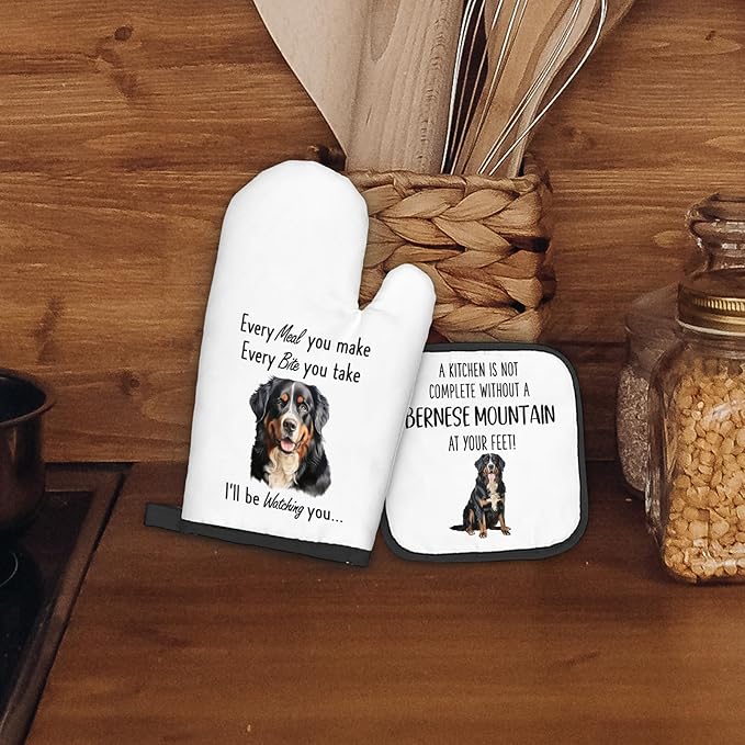 Bernese Mountain Dog Gifts Oven Mitts and Pot Holders Sets, Bernese Mountain Dog Decor Kitchen Accessories Sets, Complete Without Dogs Heat Resistant Oven Glove Potholders for Kitchen Baking
