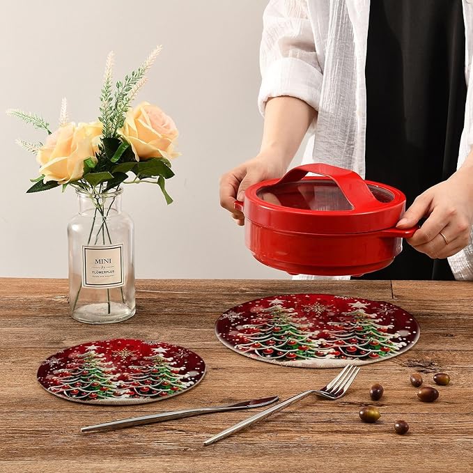 Boccsty Two Merry Christmas Trees Trivet Mat 2PCS Winter Snowflake Red Round Woven Potholders Kitchen Table Countertop Protector Hot Pads Farmhouse