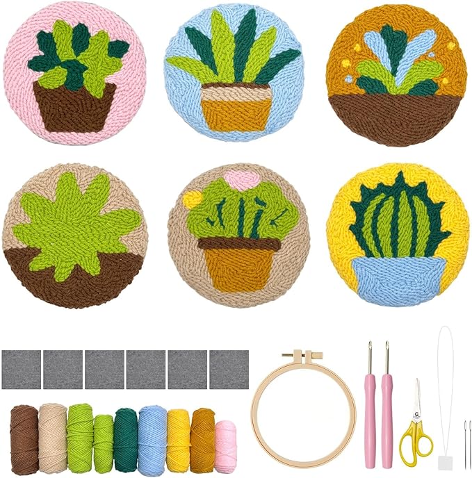 Punch Needle Coaster Kit for Adults Beginners, Easy Punch Embroidery Starter Set with Instructions – Fun Mug Rug Making Kit for Table Decor & Festival DIY Gifts (6pcs Succulent Plants)