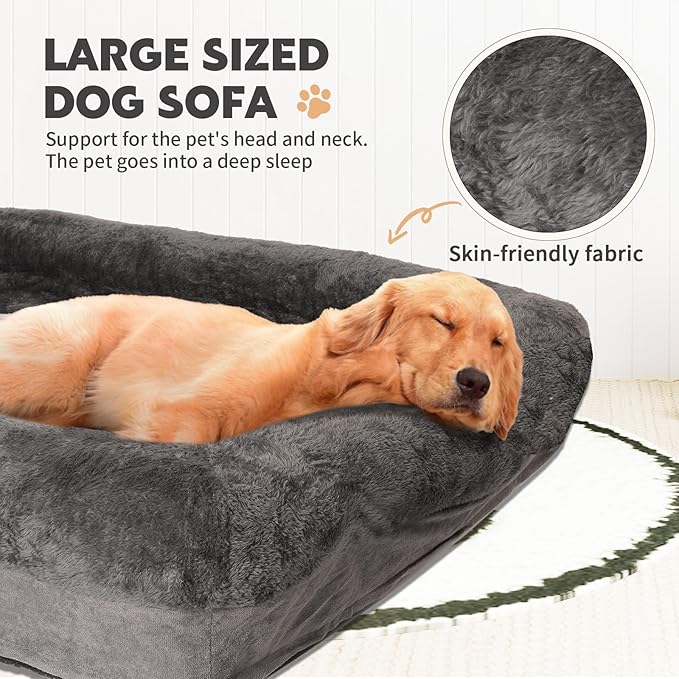 Dog Beds Waterproof Medium/Large Sized XL Foam Pet Beds Removable Washable Cover Dog Sofa Egg Crate Foam Support with Zipper Bottom Bolster Deluxe Plush Mat (Grey+34.6x26x7.5in)