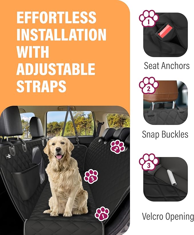 Active Pets Dog Car Seat Cover for Back Seat, Waterproof Pet Protection Hammock, SUV Truck Car Backseat Protector with Safety Features, XL, Black