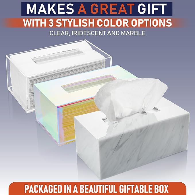 Acrylic Tissue Box Holder, Clear Dispenser for Facial Tissues, Napkins, and Dryer Sheets. Perfect for Bathrooms, Desks, Countertops, Vanities, Bedrooms, and Nightstands (Rectangle, Clear)