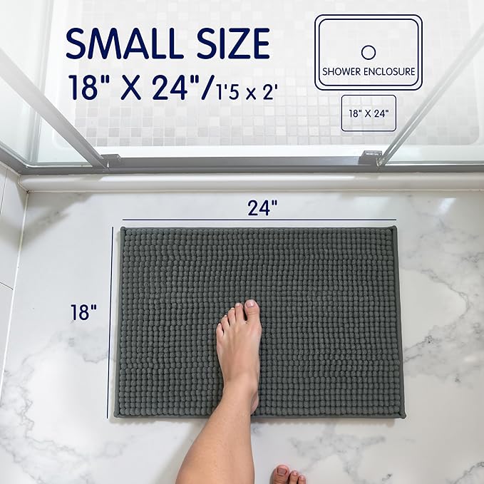 SUBRTEX Bathroom Rugs Chenille Bath Rug Soft Short Plush Bath Mat Soft Shower Mat Water Absorbent Shower Mat Quick Dry Machine Washable(Gray,16" x 24")
