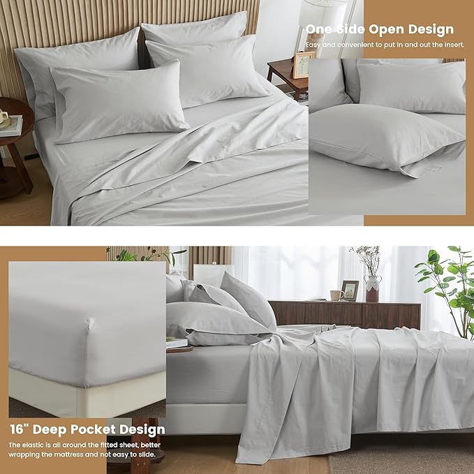 Simple&Opulence Belgian Linen Sheet Set Solid Color - 6 Pieces (1 Flat Sheet & 1 Fitted Sheet & 4 Pillowcases) 16" Deep Pocket Natural Flax Cotton Blended Soft Bedding - Khaki Grey, California King