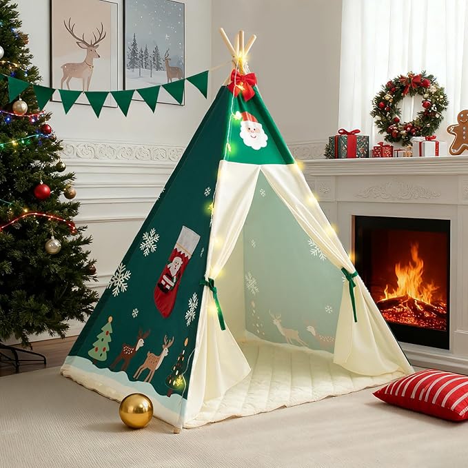 Duwenem Teepee Tent for Kids, Play Tent with Padded Mat & Star Lights, Indoor Play Tent for Girls & Boys (Christmas Teepee, 47 * 47 * 60in)