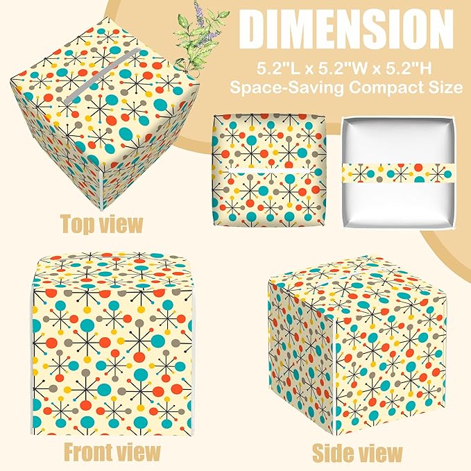 BLYKVGHQ Mid Century Modern Atomic Tissue Box Cover Square, Retro Tissue Box Holder with Bottom Belt Leather Facial Paper Organizer Dispenser for Bathroom Bedroom Dresser Night Stand Tabletop