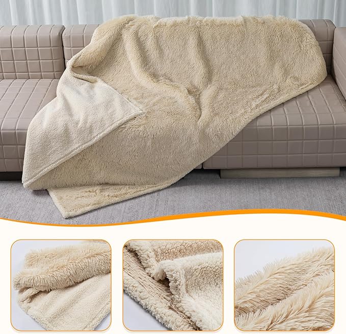 Maidewow Faux Fur Waterproof Calming Dog Blanket Fluffy Sherpa Pets Blanket for Couch Covers Double-Sided Reversible Cats Bed Cover for Pet(Cream,S-40x28in)