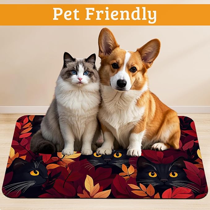 Dog Bowl Mat,Black Cat Pet Feeding Mat for Floors Waterproof,Forest Red Absorbent Dogs Placemat for Food and Water Quick Dry Pet Cat Feeding Mats with Non Slip Bottom 12" x 20"