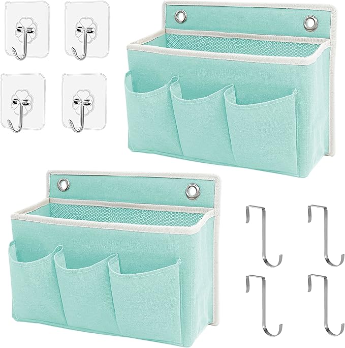 Someteth 2-Pack Wall Hanging Organizer Bag/Hanging Baskets with Large Mesh Compartment & 3 Pockets，Over the Door Organizer Space Saving Storage for Bedroom,RV Camper, Closet (Green -2 Pack)