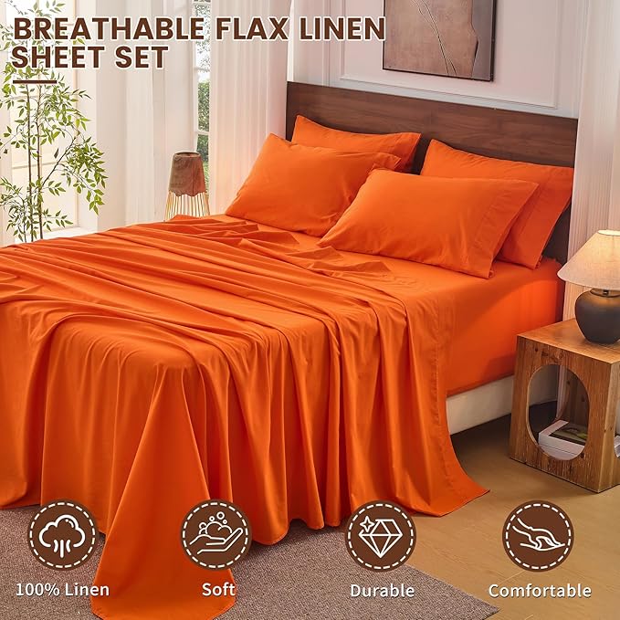 Bedlifes 100% French Flax Linen Sheets Set California King Size-6 Piece Extra Deep Pocket 18-24",Soft Breathable Cal King Bed Sheets with Temperature Regulating & Moisture-Wicking(Orange
